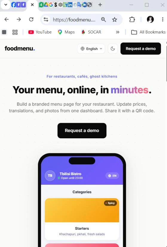 The FoodMenu homepage with the Request DEMO button in the top-right corner