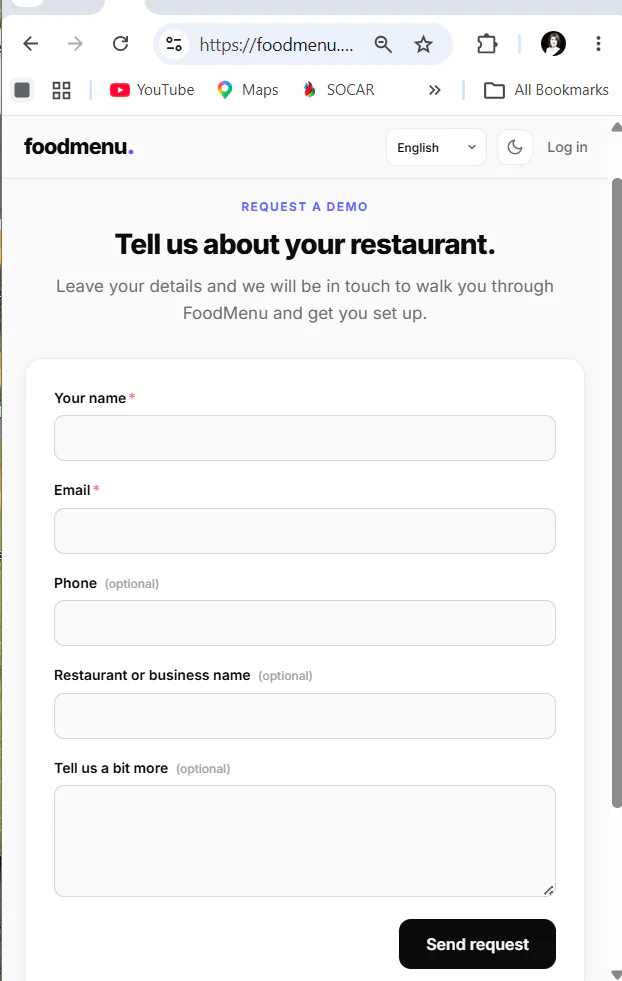 The demo request form with name, email, phone, business name and message fields