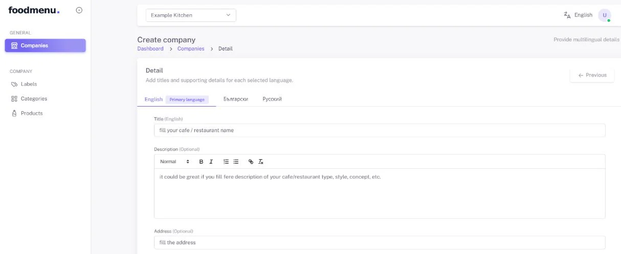 The Detail step with Title, Description and Address fields and a tab for each selected language