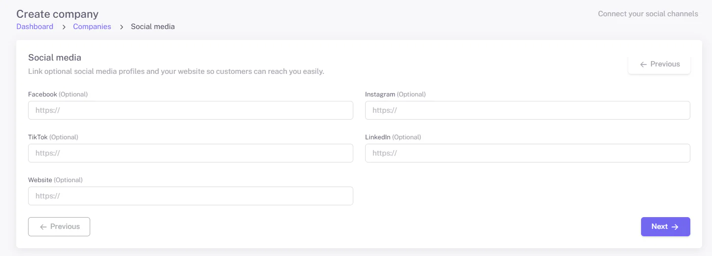 The Social media step with Facebook, Instagram, TikTok, LinkedIn and website link fields