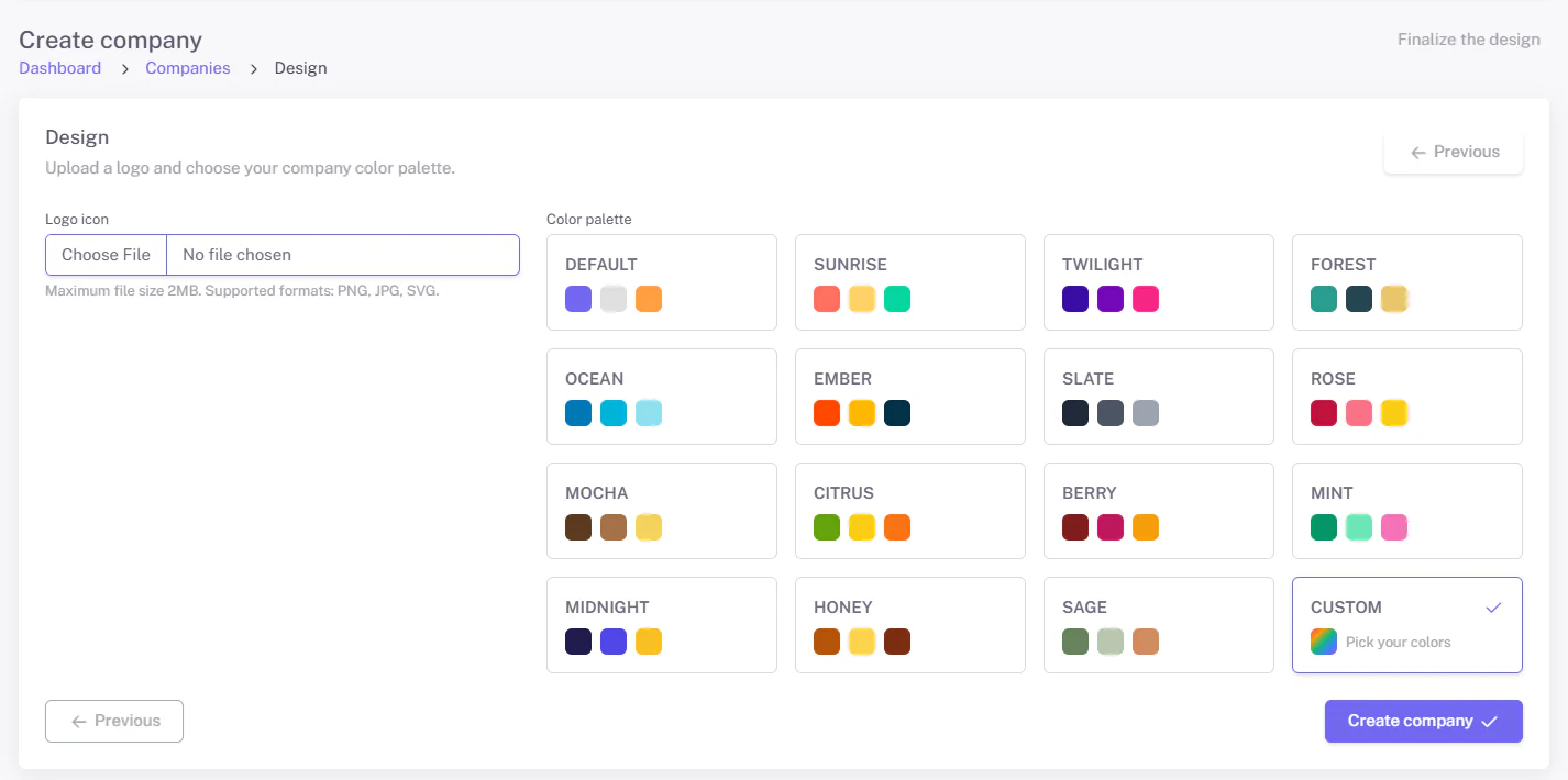 The Design step: upload a logo and choose a color palette or a custom palette