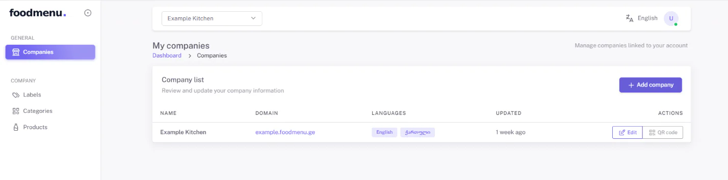The company list showing each object with its domain, languages and Edit / QR code actions