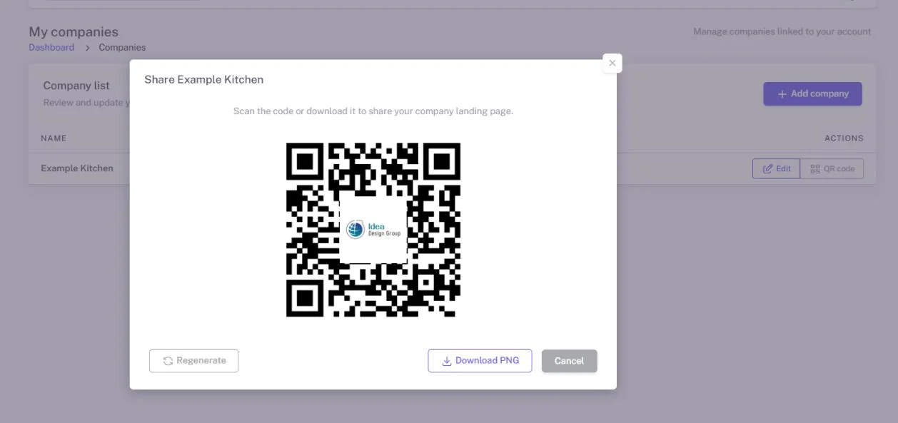 The Share window showing the generated QR code with Regenerate and Download PNG buttons