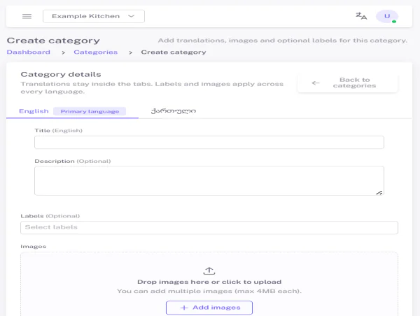 The Create category form with translation tabs, labels and image upload