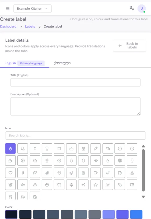 The Create label form with an icon picker and color choices