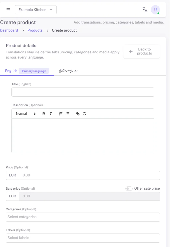 The Create product form with title, description, price, sale price, categories and labels