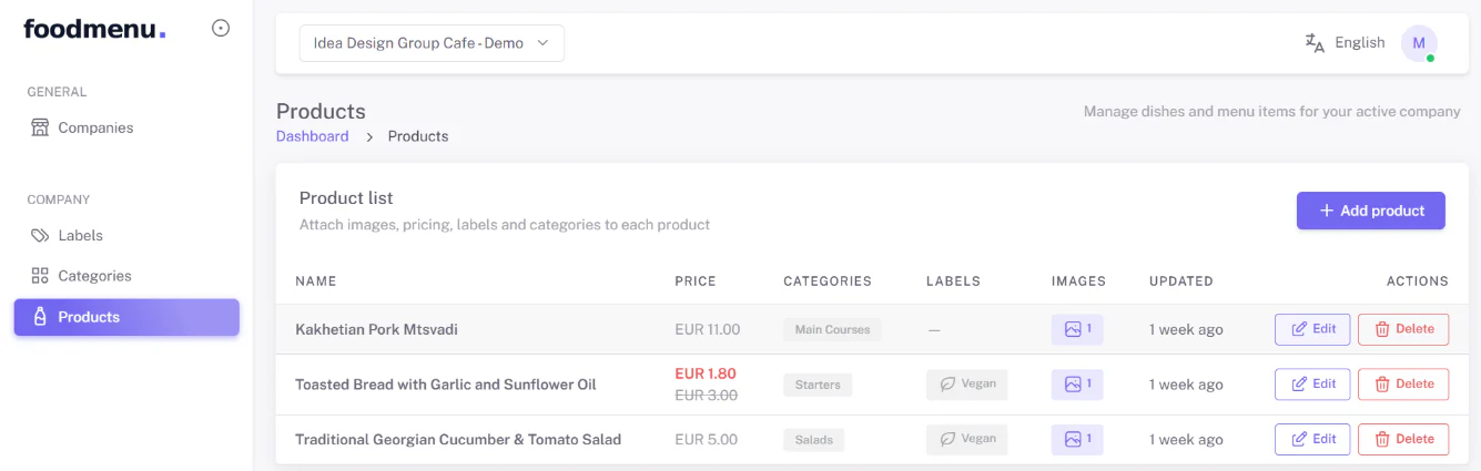 The product list showing price, categories, labels and images for each product